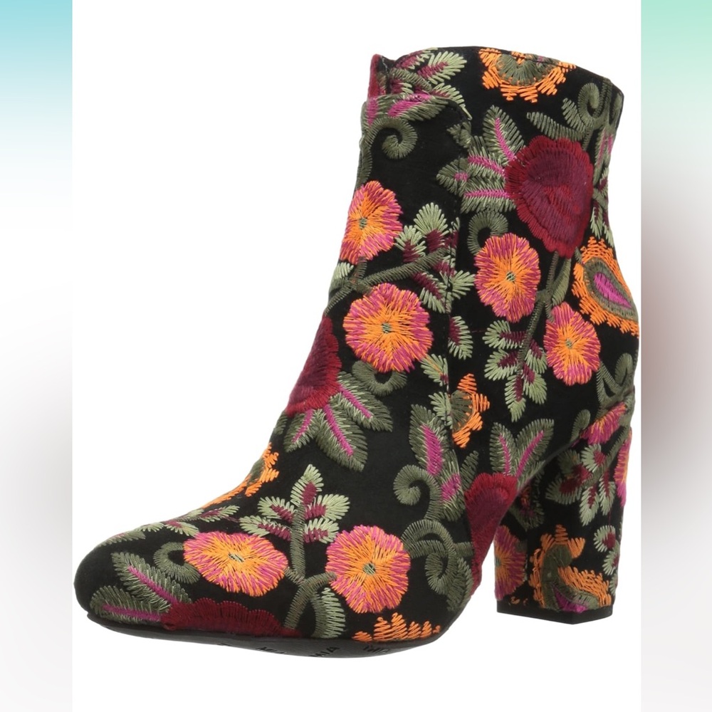 Floral Embroidered Ankle Boots - Black and Multicolor